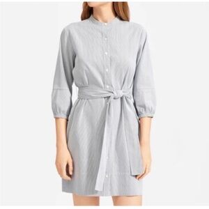 EVERLANE The Cotton Weave Collarless Shirt Dress blue + white stripes w/ pockets